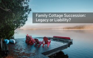 Red chairs on a dock in Ontario with text of Family Cottage Succession Legacy or Liability overlayed