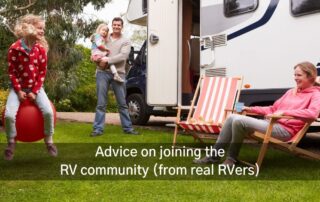 Family hanging outside their RV with a message that says "Advice on joining the RV Community" in Canada