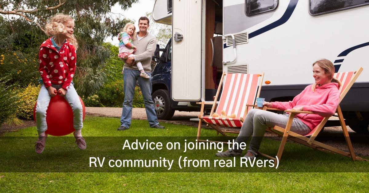 Family hanging outside their RV with a message that says "Advice on joining the RV Community" in Canada